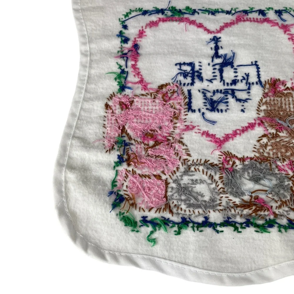 Vintage Handmade Cross Stitch Baby Bib Kitten Bunny Bear I Love You Tie-up Heart